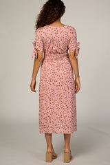 Pink Floral Tie Sleeve Maternity Midi Dress