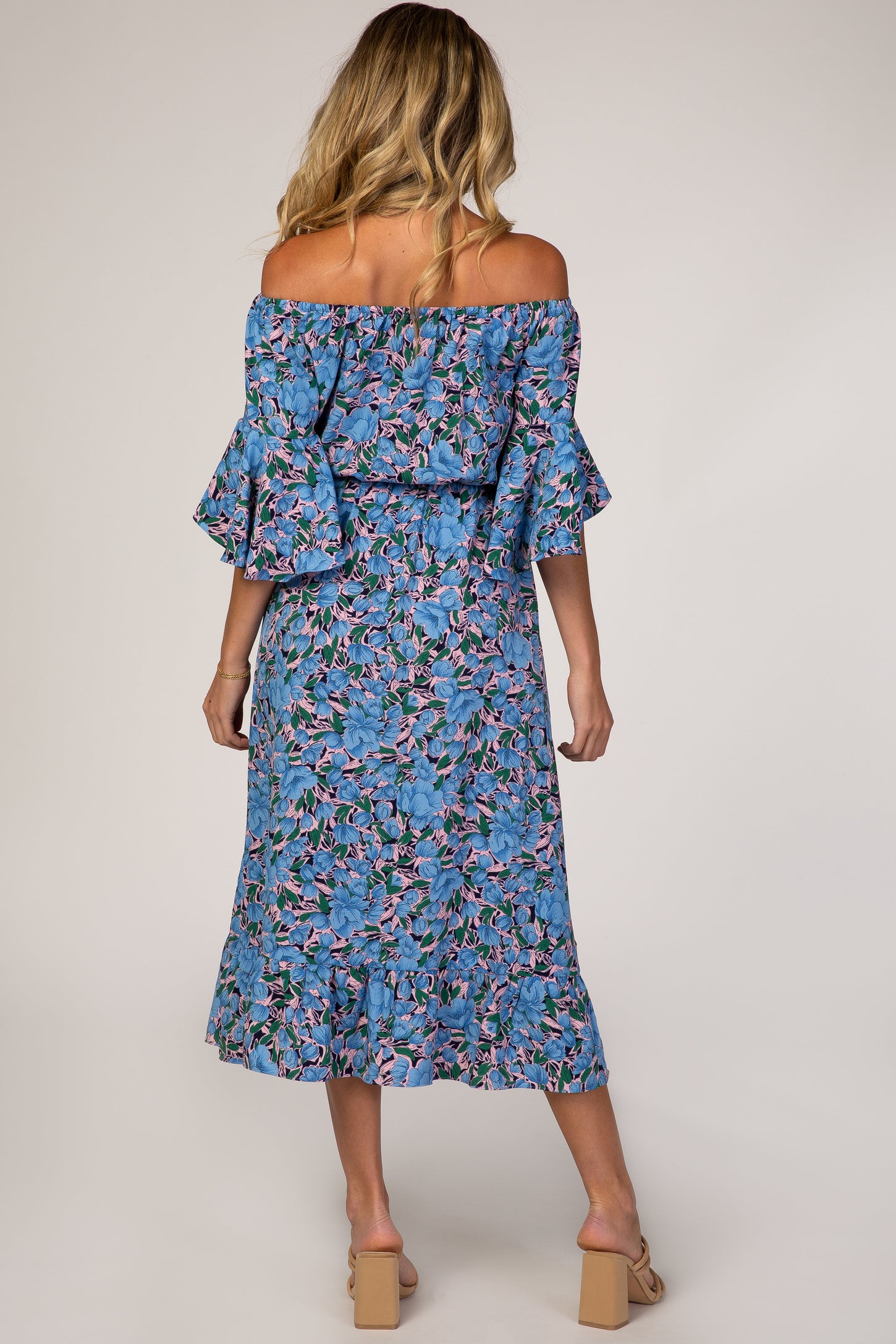 Blue Floral Off Shoulder Ruffle Maternity Dress– PinkBlush