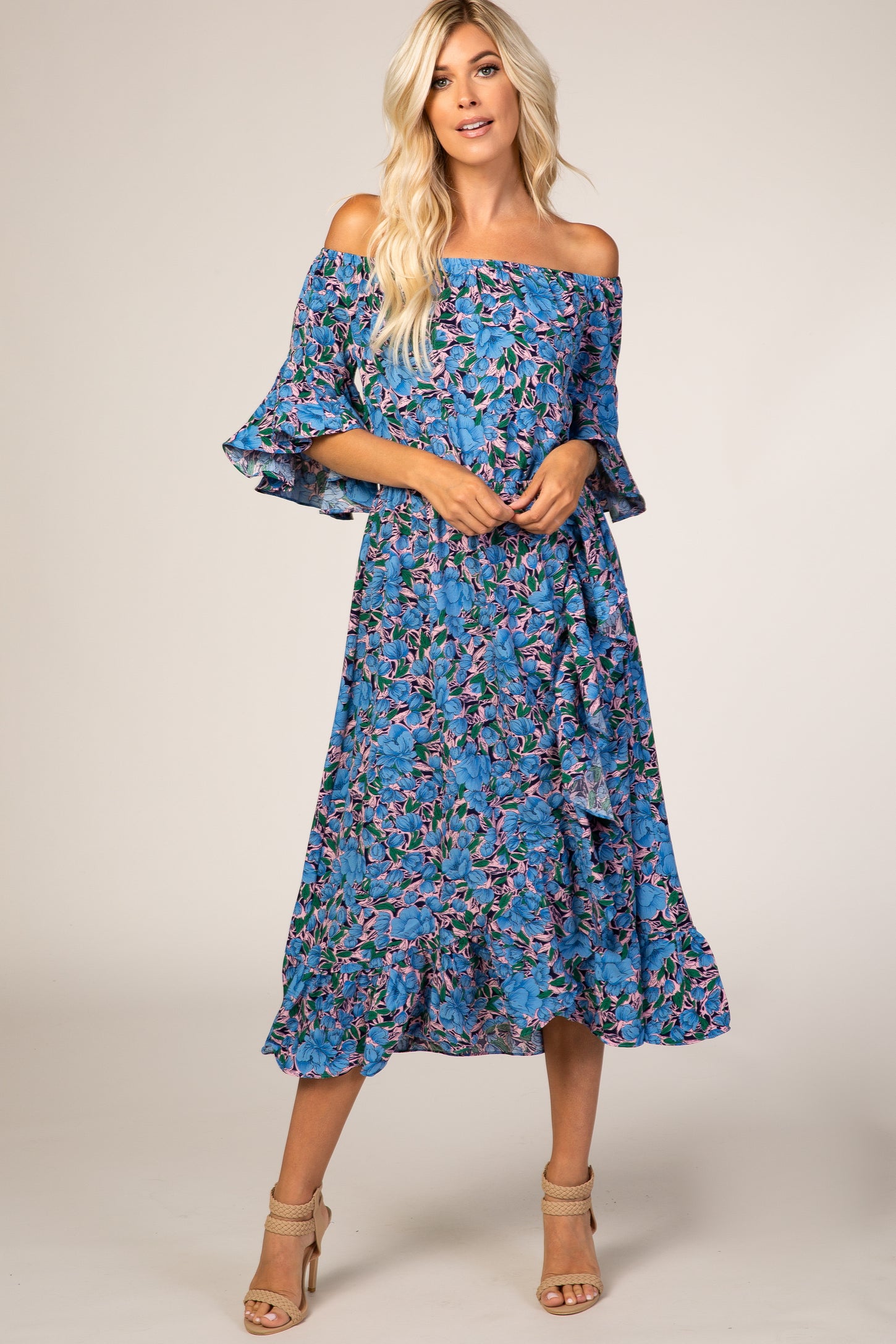 Blue Floral Off Shoulder Ruffle Maternity Dress– PinkBlush