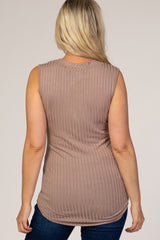 Taupe Button Neckline Ribbed Maternity Tank