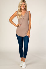 Taupe Button Neckline Ribbed Tank