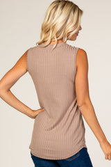 Taupe Button Neckline Ribbed Tank