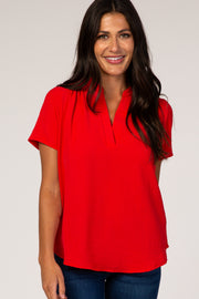 Red Solid Chiffon V-Neck Top