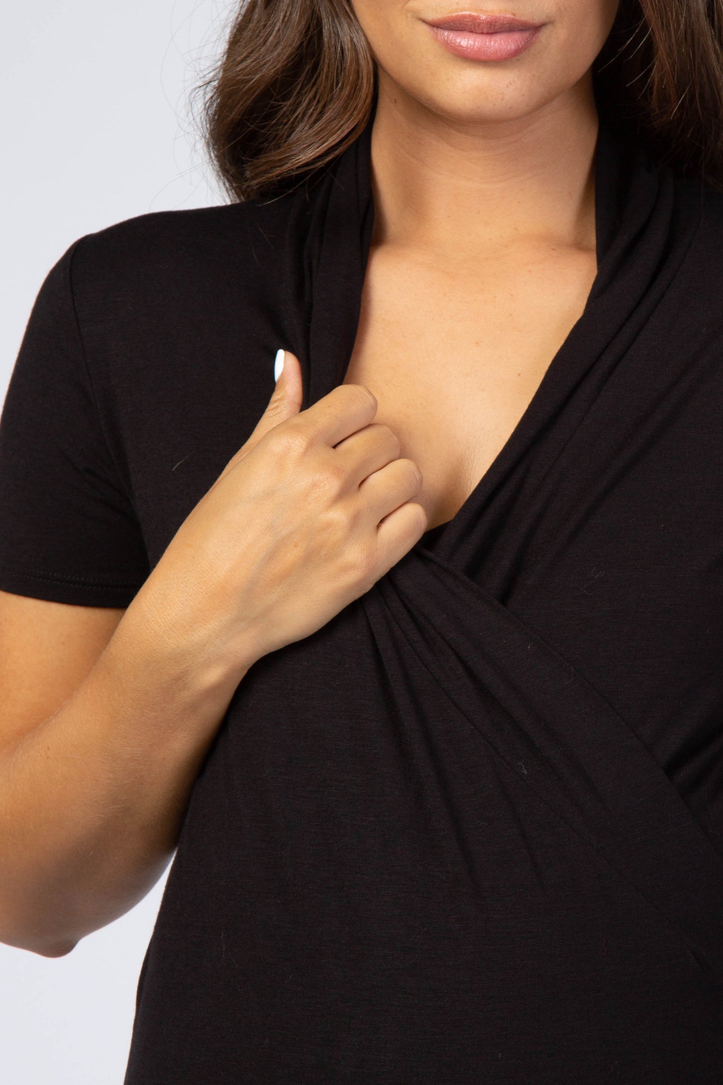 Black Solid Short Sleeve Wrap Front Maternity/Nursing Top