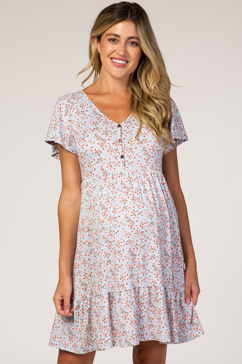 Blue Floral Ruffle Accent Maternity Dress – PinkBlush