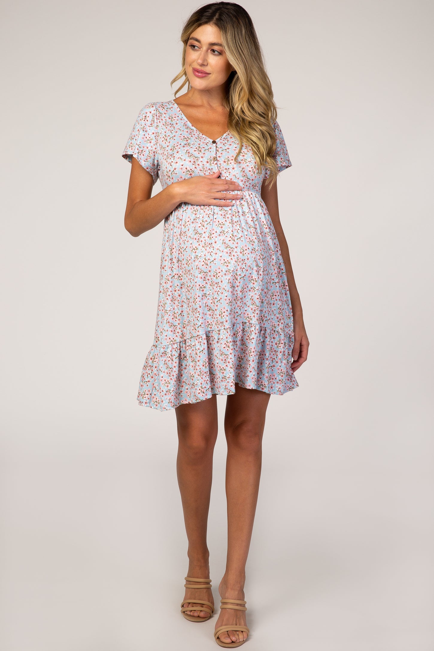 Blue Floral Ruffle Accent Maternity Dress– PinkBlush