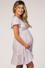Blue Floral Ruffle Accent Maternity Dress