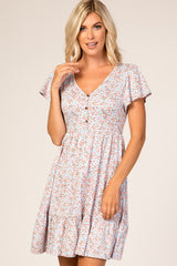 Blue Floral Ruffle Accent Dress