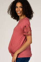 Rust Crochet Sleeve Knotted Hem Maternity Top