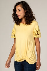 Yellow Crochet Sleeve Knotted Hem Top