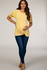 Yellow Crochet Sleeve Knotted Hem Maternity Top