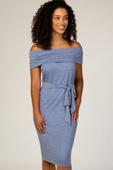 PinkBlush Blue Folded Off Shoulder Belted Fitted Dress