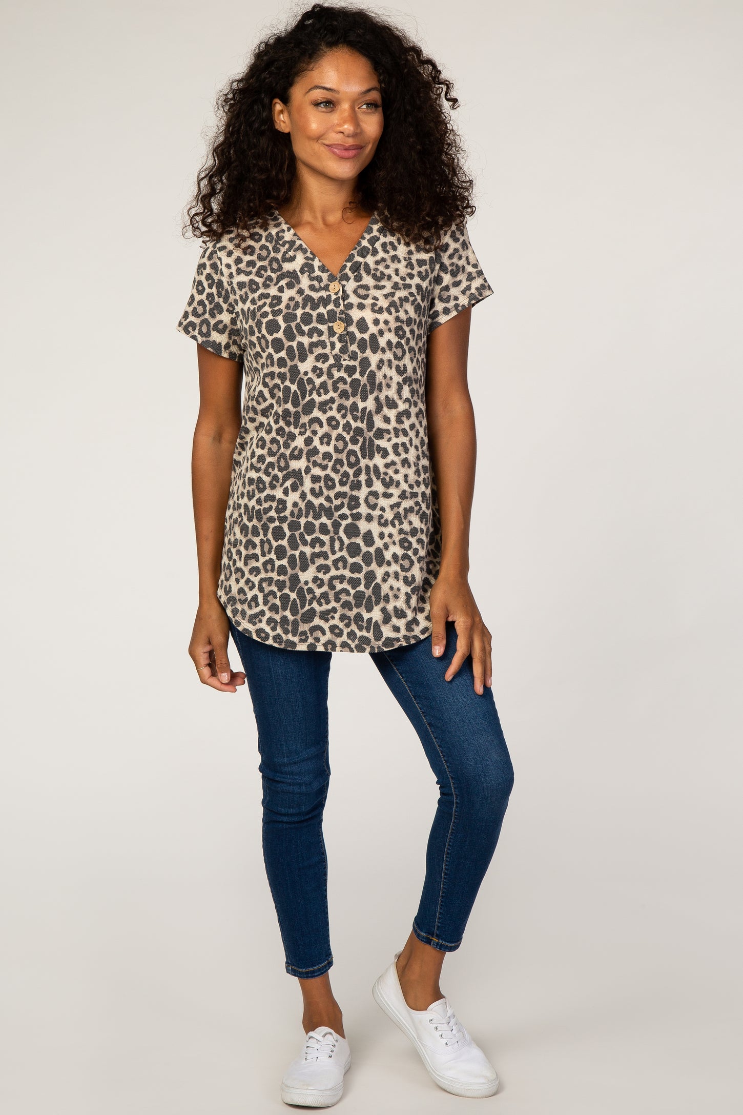Mocha Animal Print Button Accent Top