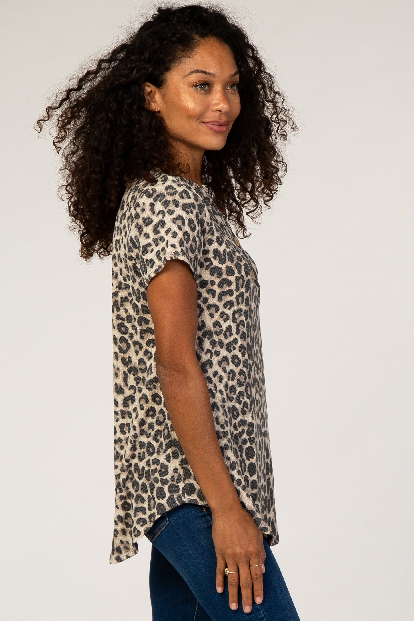 Mocha Animal Print Button Accent Top