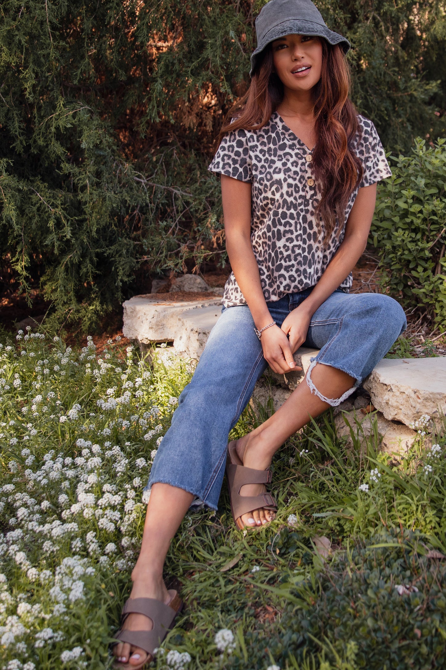 Mocha Animal Print Button Accent Top