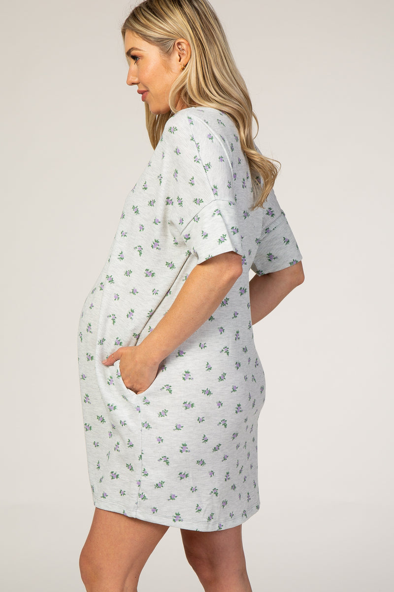 Grey Floral Thermal Maternity Sleep Dress PinkBlush