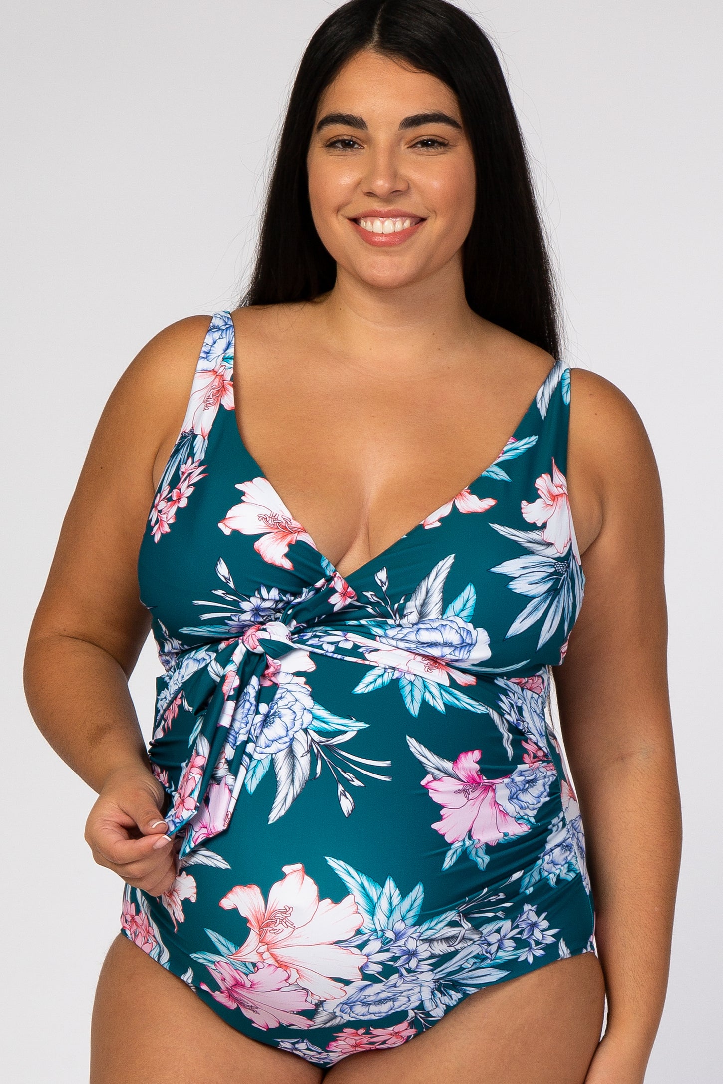Jade Floral Waist Tie Maternity Plus One-Piece Swimsuit