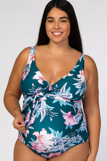 Jade Floral Waist Tie Maternity Plus One-Piece Swimsuit