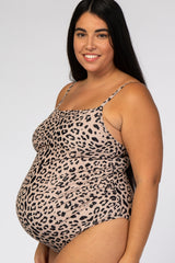 Beige Cheetah Print One-Piece Maternity Plus Swimsuit