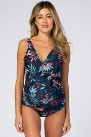 Navy Blue Floral Waist Tie Maternity One-Piece Swimsuit