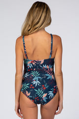 Navy Blue Floral Waist Tie Maternity One-Piece Swimsuit