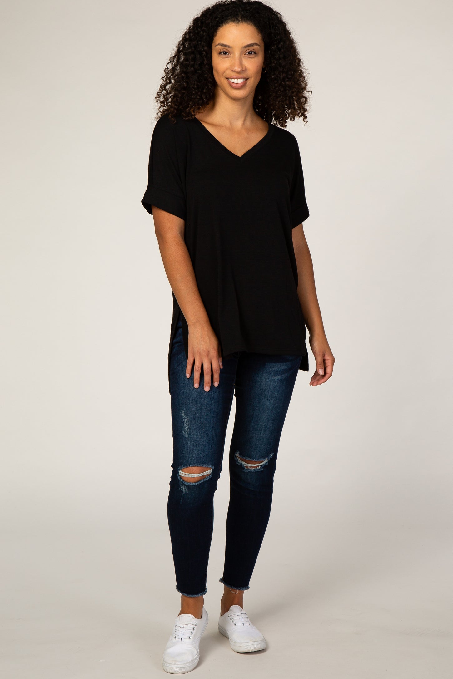 Black V-Neck Cuffed Short Sleeve Top