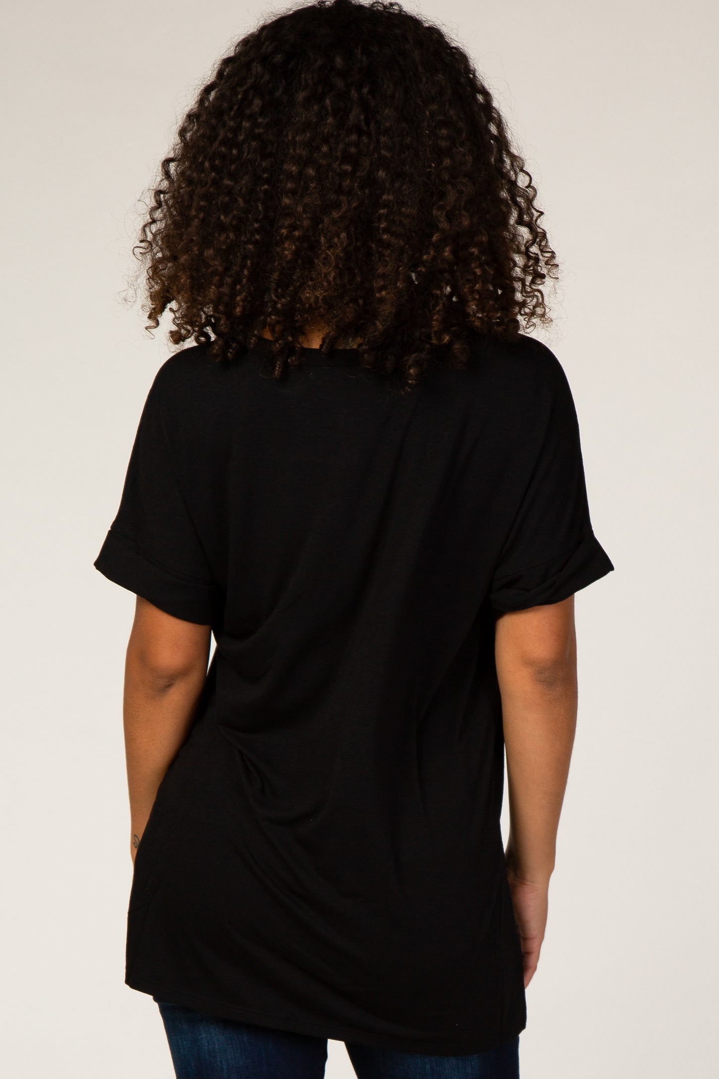 Black V-Neck Cuffed Short Sleeve Top