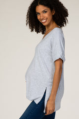 Grey V-Neck Cuffed Short Sleeve Maternity Top