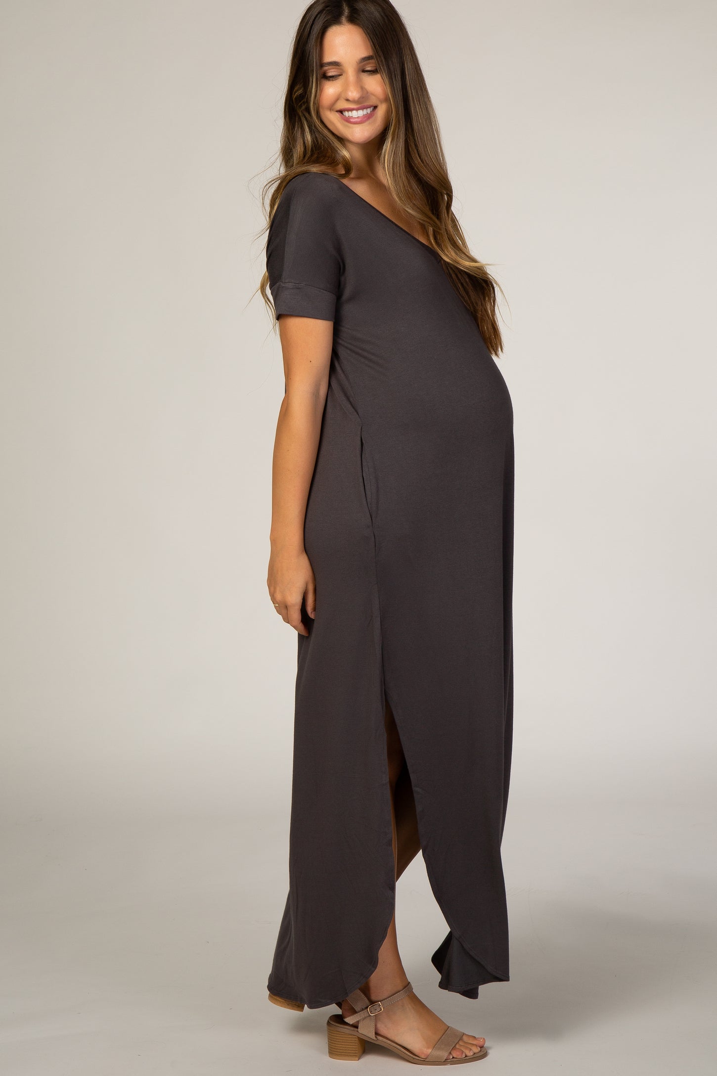 Grey Side Slit Maternity Maxi Dress