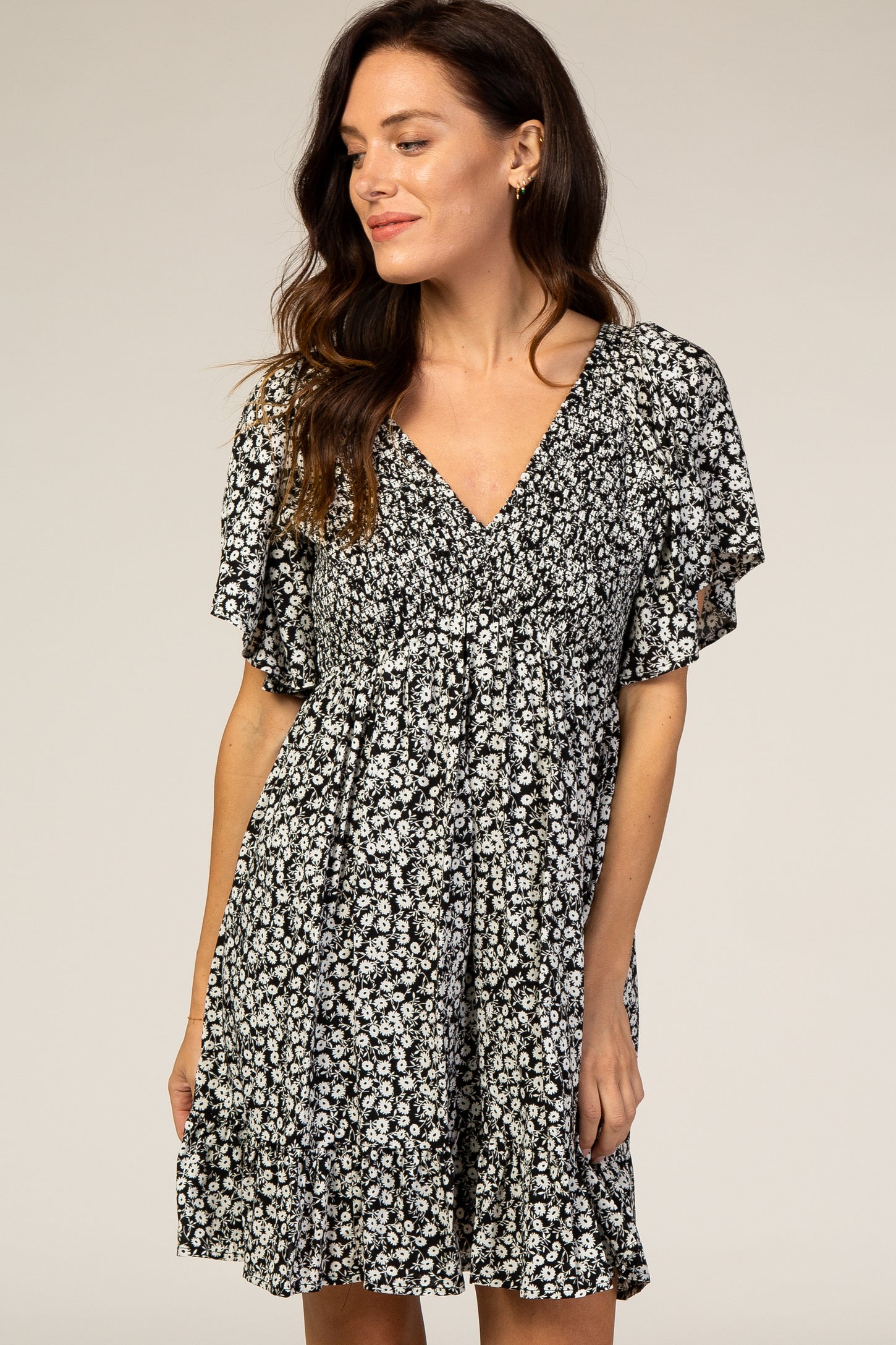 Black Floral Smocked Ruffle Dress– PinkBlush