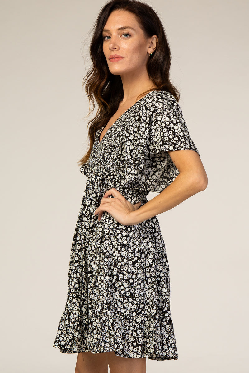 Black Floral Smocked Ruffle Dress– PinkBlush
