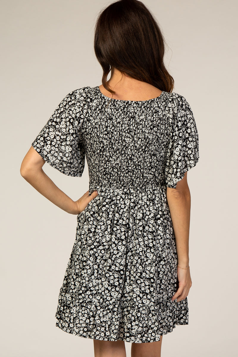 Black Floral Smocked Ruffle Dress– PinkBlush