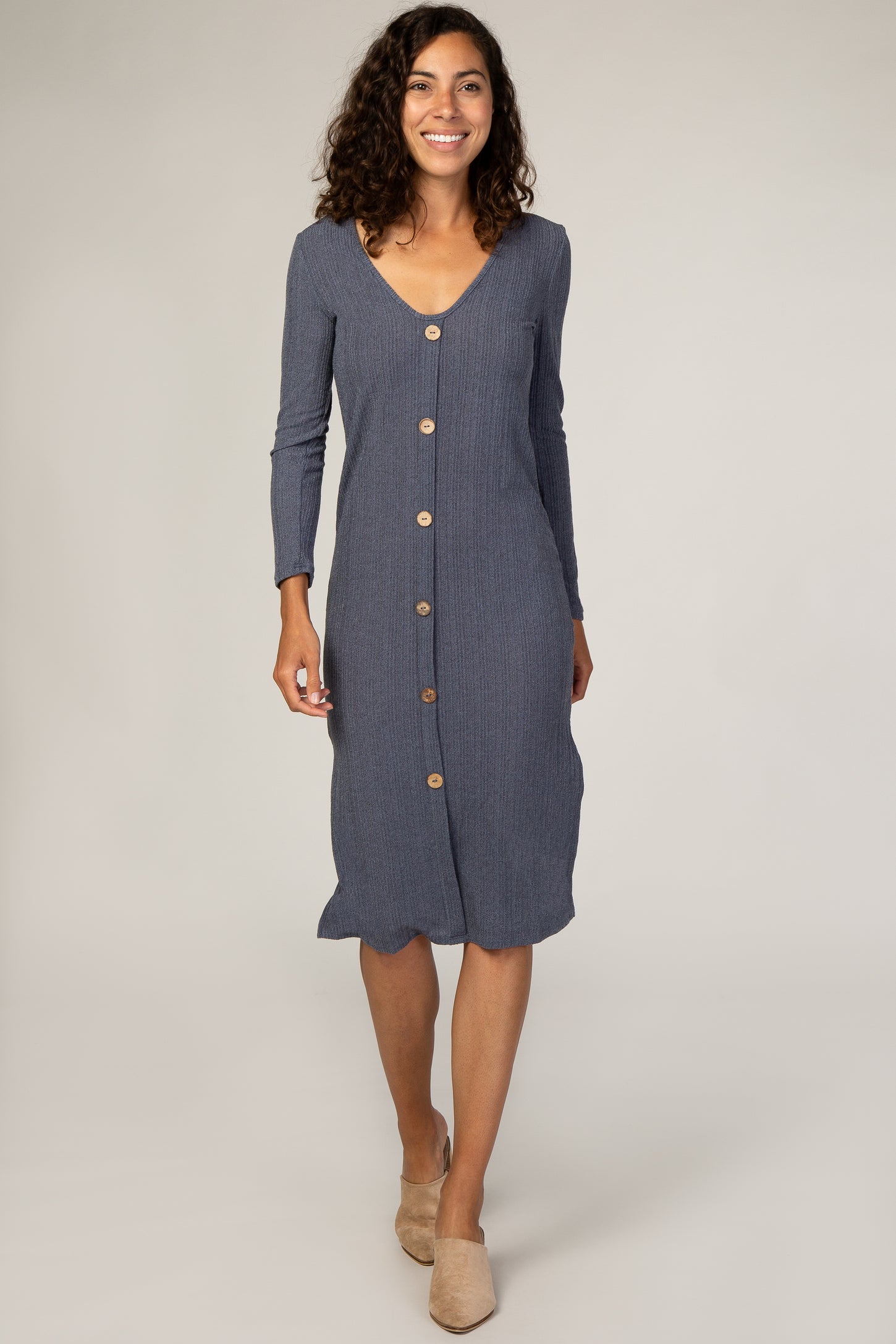 Navy Button Down Maternity Midi Dress