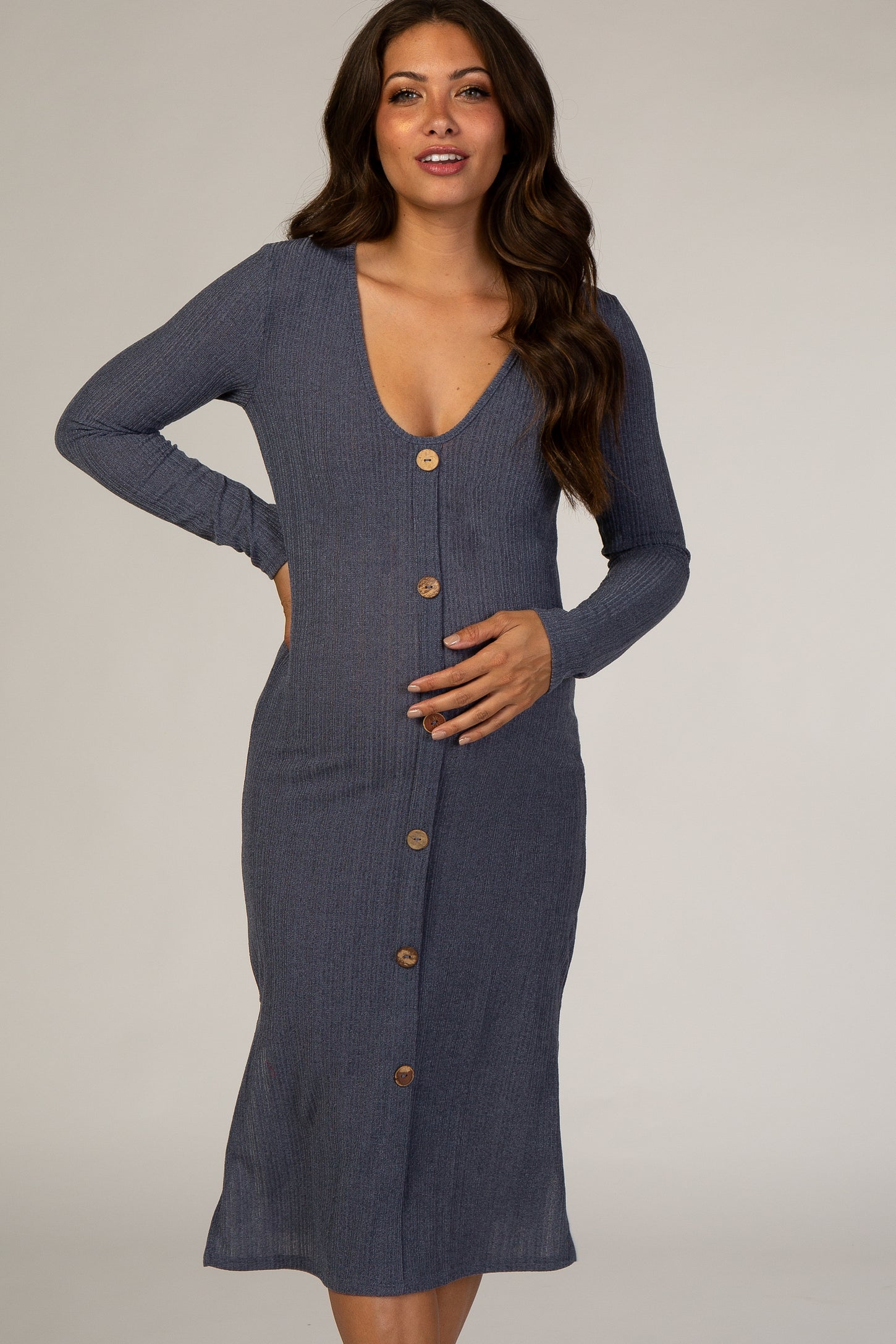 Navy Button Down Maternity Midi Dress