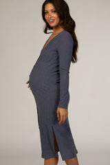 Navy Button Down Maternity Midi Dress