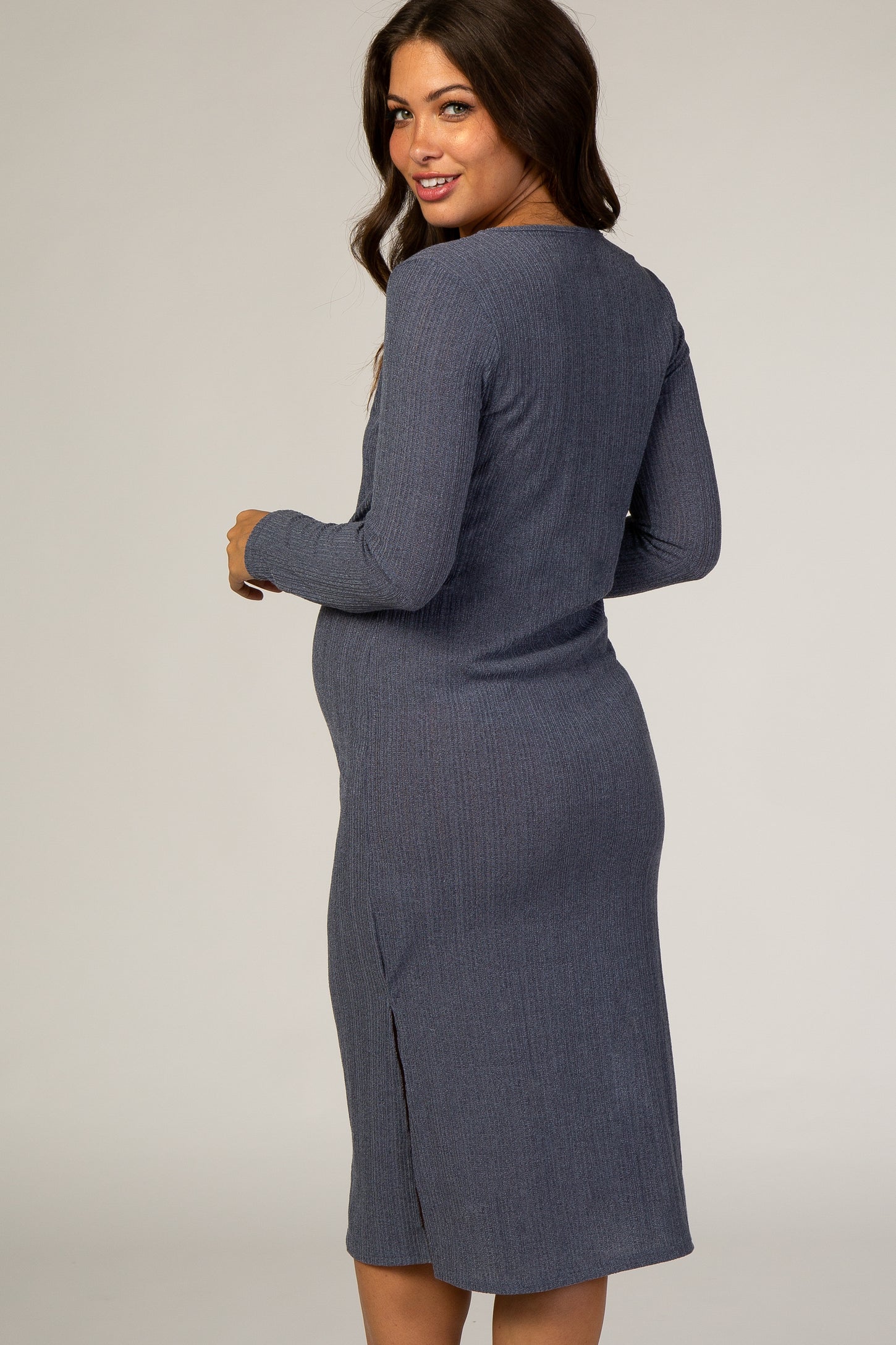 Navy Button Down Maternity Midi Dress