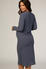 Navy Button Down Maternity Midi Dress