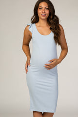 Light Blue Flounce Sleeve Ribbed Maternity Dress