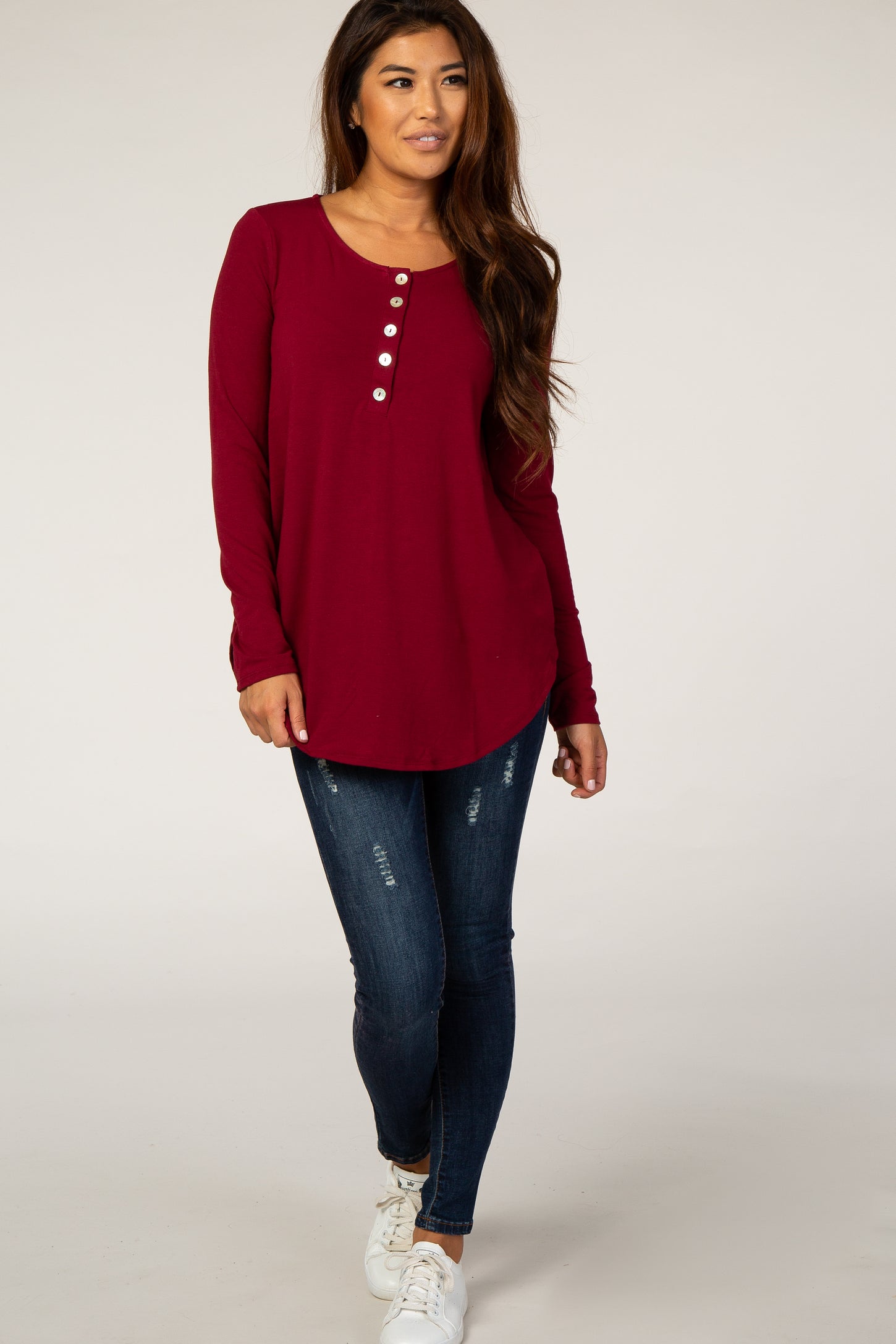 Burgundy Button Accent Long Sleeve Top