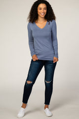 Slate Blue V-Neck Fitted Long Sleeve Top