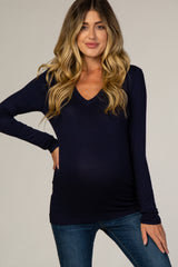 Navy V-Neck Fitted Long Sleeve Maternity Top