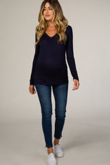 Navy V-Neck Fitted Long Sleeve Maternity Top