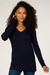 Navy V-Neck Fitted Long Sleeve Top