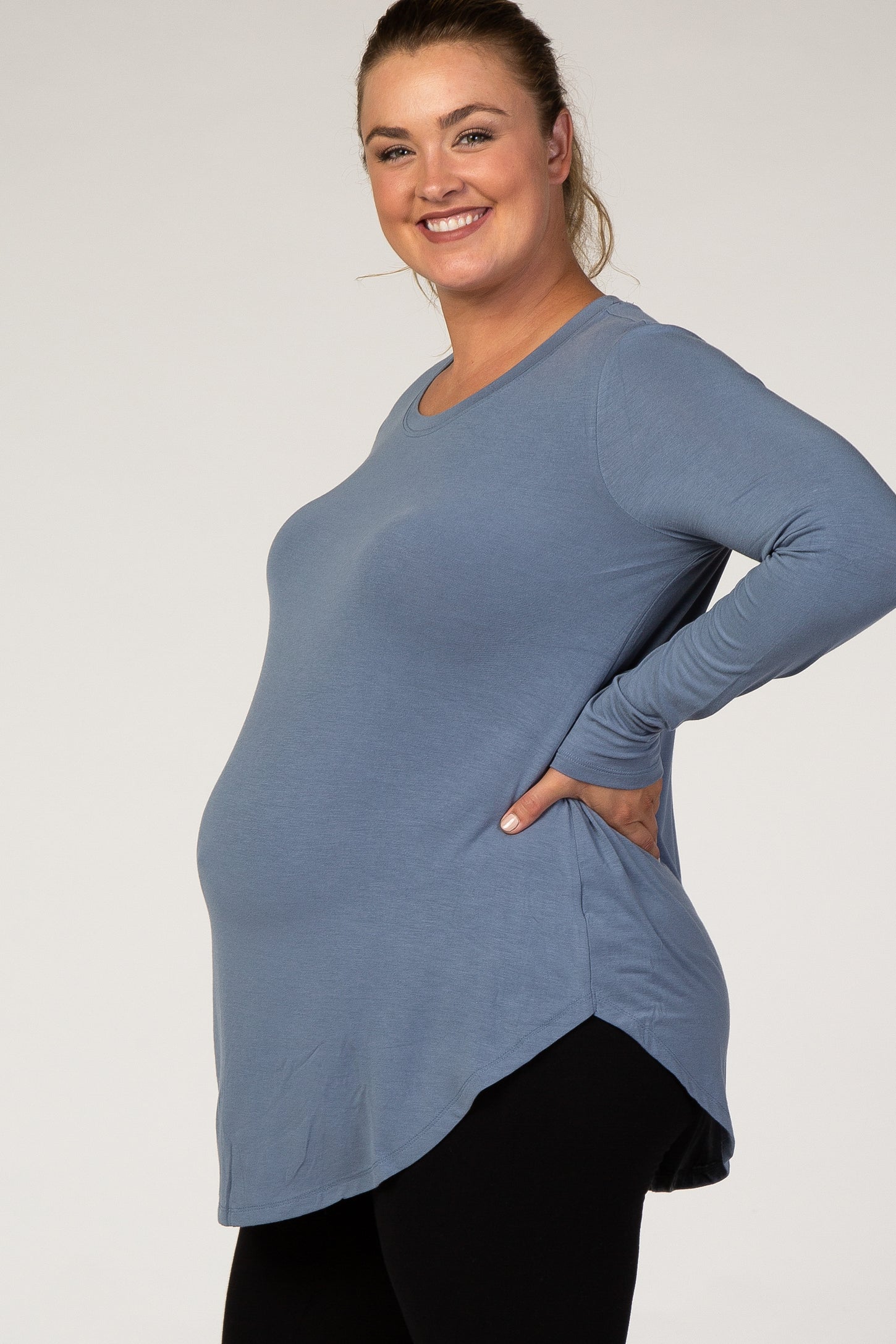 Slate Blue Basic Long Sleeve Plus Maternity Shirt