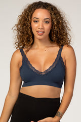 Navy Blue Textured Rib Lace Maternity Bralette