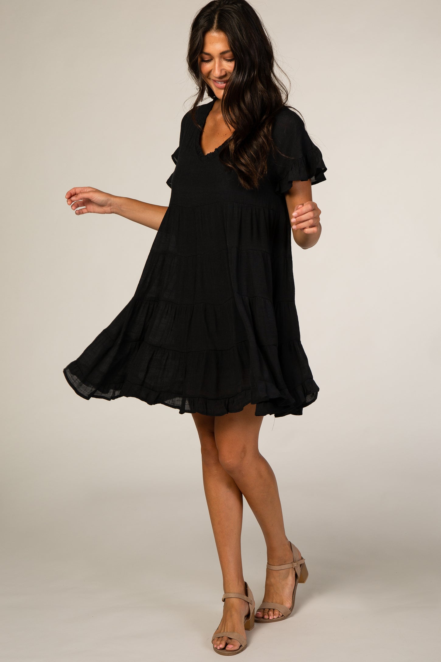 Black Tiered Maternity Babydoll Dress PinkBlush