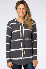Charcoal Striped Drawstring Animal Print Hooded Maternity Top