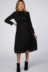 Black Polka Dot Front Tie Pleated Maternity Midi Dress