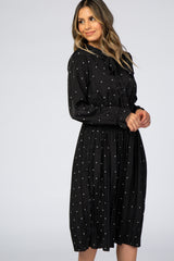 Black Polka Dot Front Tie Pleated Midi Dress