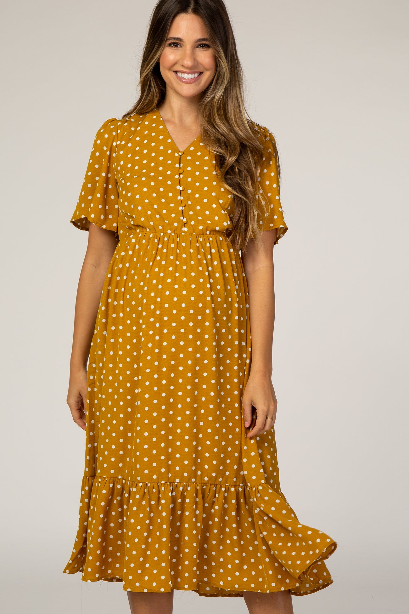 Mustard Polka Dot Flowy Accent Maternity/Nursing Dress – PinkBlush